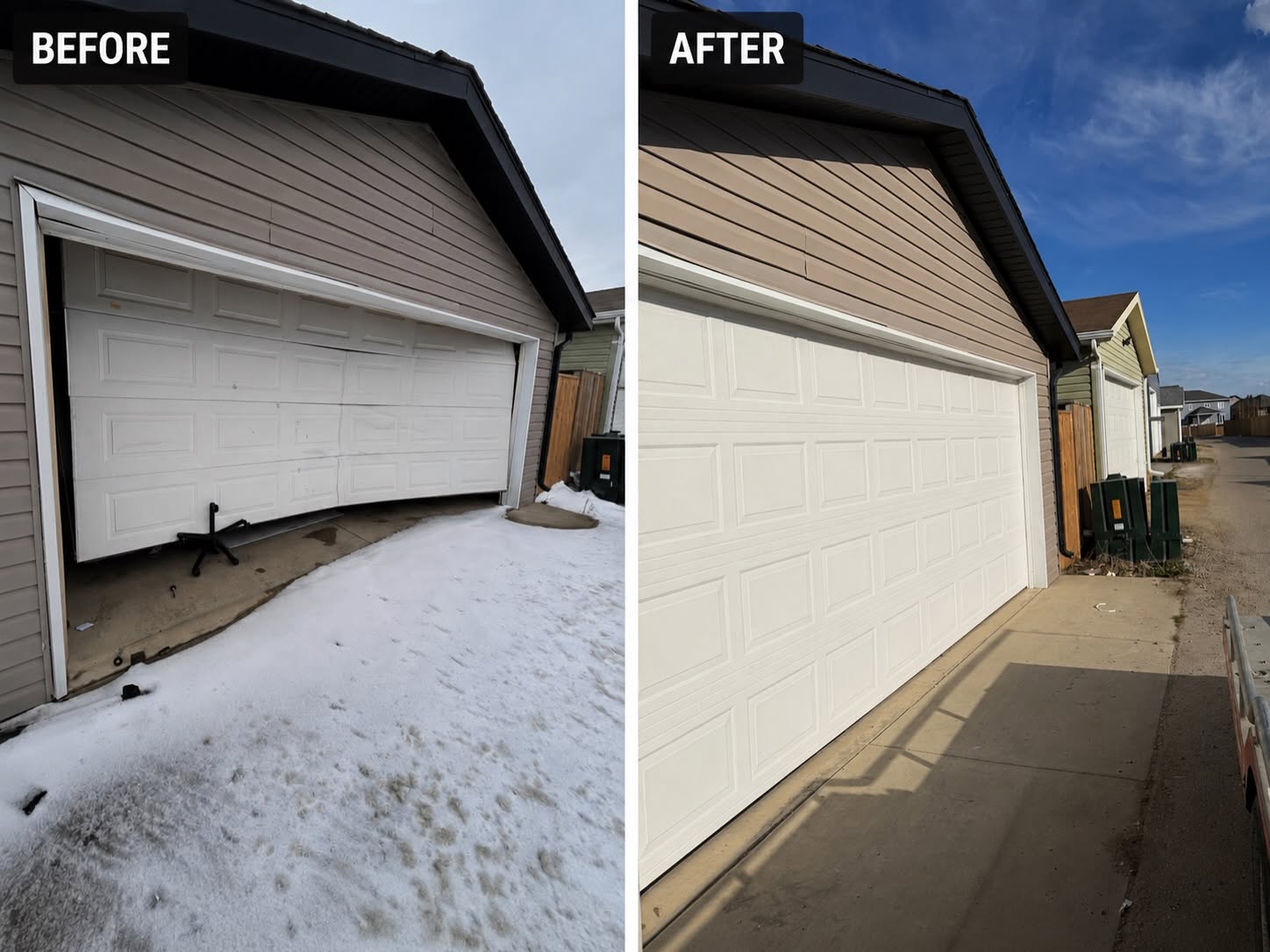 Garage door replacement in Regina before and after, dented panel replaced with new white door