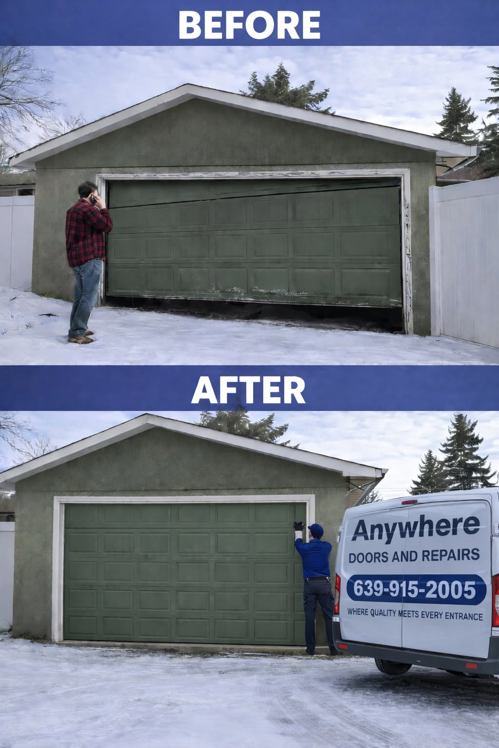 Garage door spring repair in Regina before and after, Anywhere Doors service van on site